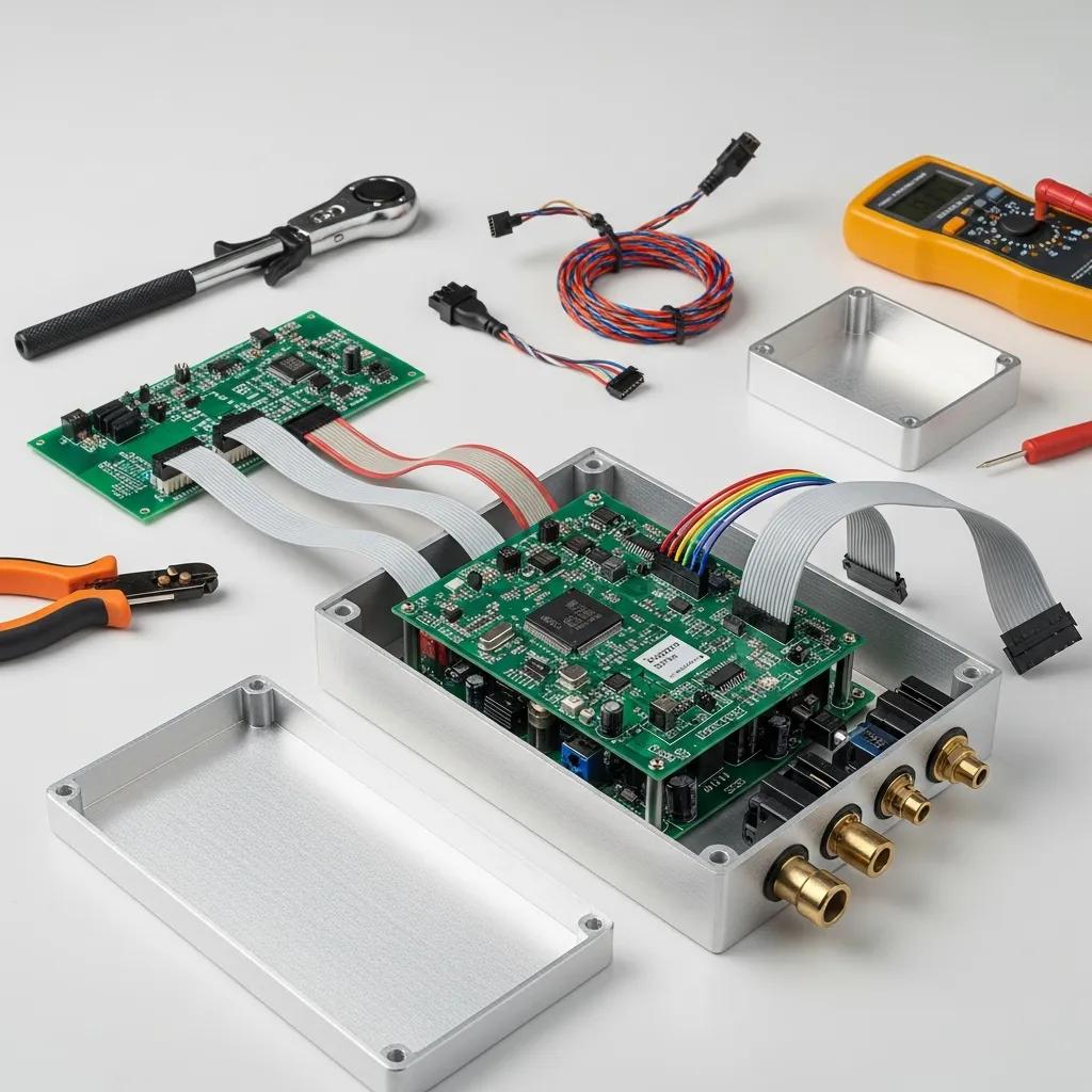 Box build assembly showing PCB, enclosure, cables and testing equipment