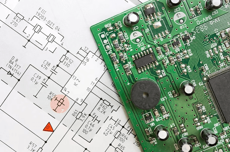 PCB design blueprint with components